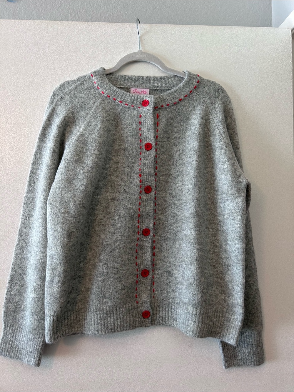 Pink Lily Grey Cardigan with Red Button Accents NWOT